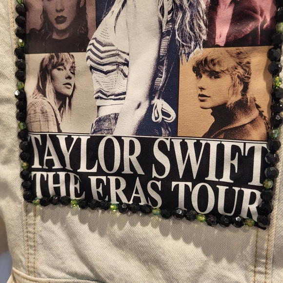 Custom Taylor Swift Eras Tour Upcycled Blue Denim Jean Jacket Beaded Size Medium - Picture 3 of 6